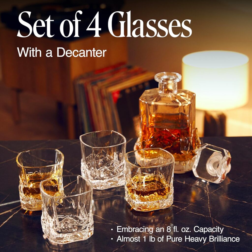 Unique Everest Whiskey Decanter Set with Glasses in Wooden Gift Box - Mountain Expedition Theme - Airtight Heavy 750ml Bourbon Decanter with 4 Heavy Scotch Tumblers - Whiskey Decanter Sets for Men