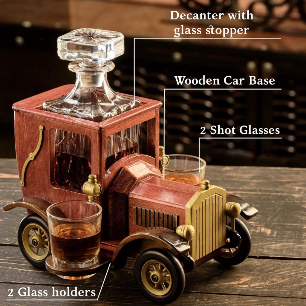 Uniquely Crafted Whiskey Decanter Sets for Men with Glasses  Old Fashioned Vintage Car Stand (32 oz) - Elevate Your Drinking Experience with Bourbon Decanter Set - Whiskey Gifts for Men