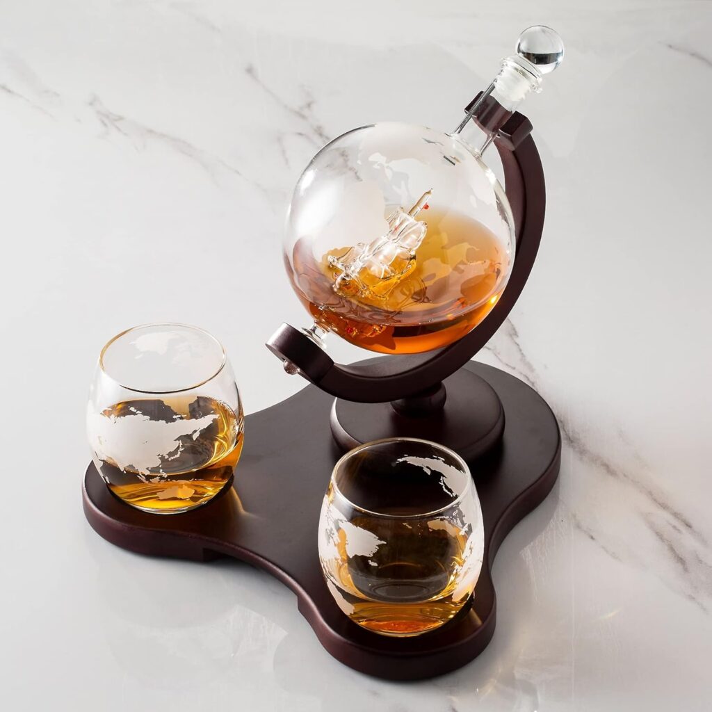 Verolux Whiskey Globe Decanter Set with 2 Glasses in Gift Box - Whiskey decanter for Liquor, Whiskey, Brandy, Gin, Rum, Tequila, Vodka, and Brandy - Home Bar Accessories for Men and Women