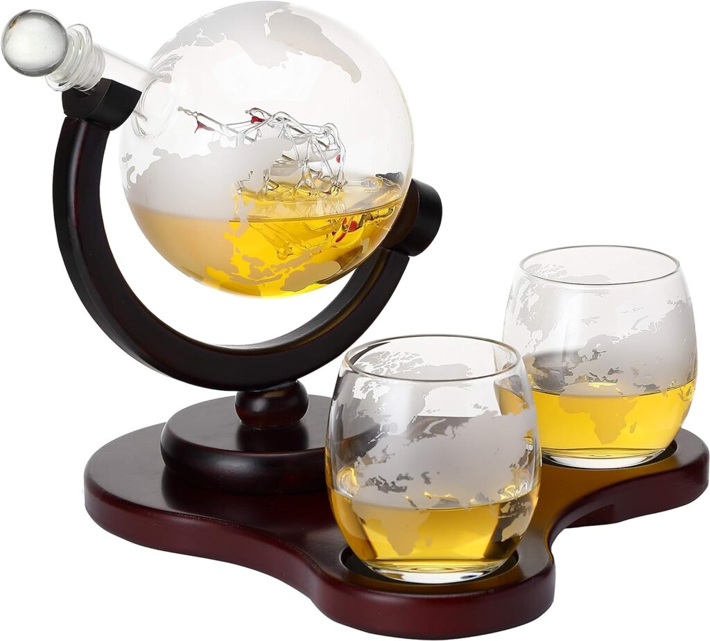 Verolux Whiskey Globe Decanter Set with 2 Glasses in Gift Box - Whiskey decanter for Liquor, Whiskey, Brandy, Gin, Rum, Tequila, Vodka, and Brandy - Home Bar Accessories for Men and Women