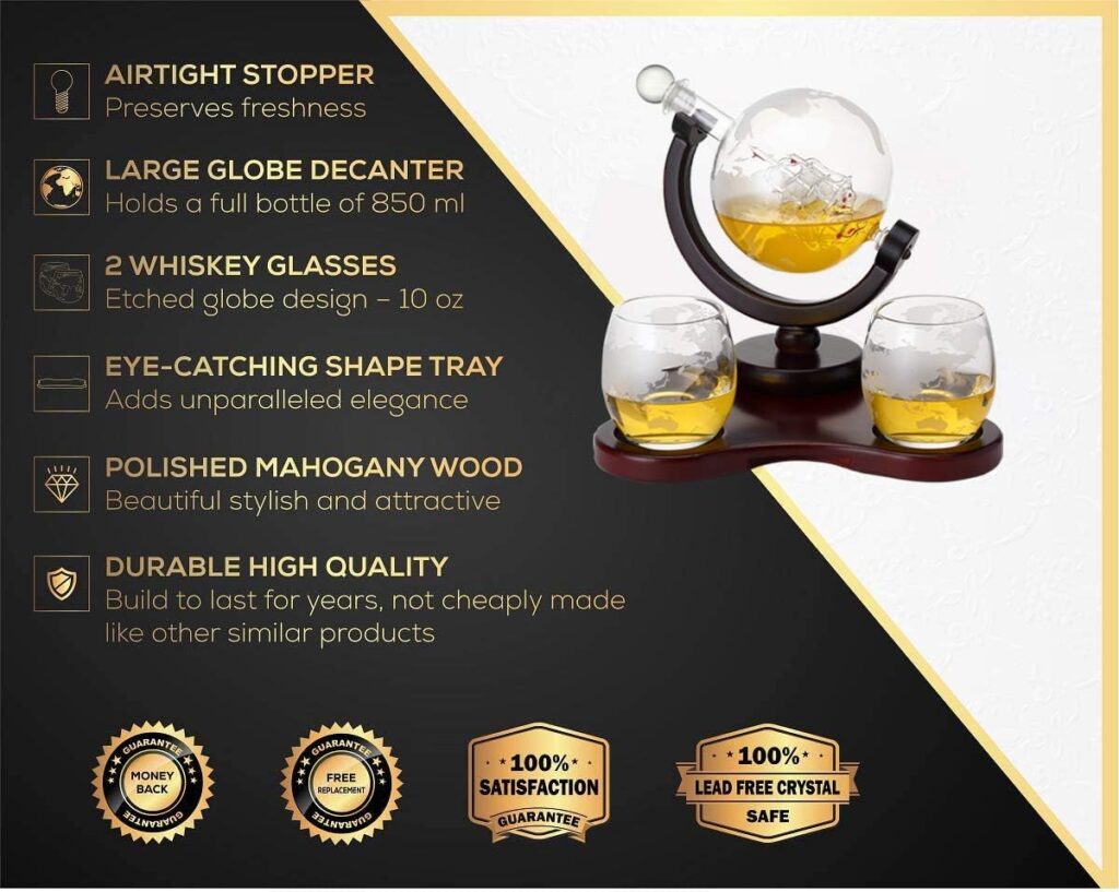 Verolux Whiskey Globe Decanter Set with 2 Glasses in Gift Box - Whiskey decanter for Liquor, Whiskey, Brandy, Gin, Rum, Tequila, Vodka, and Brandy - Home Bar Accessories for Men and Women