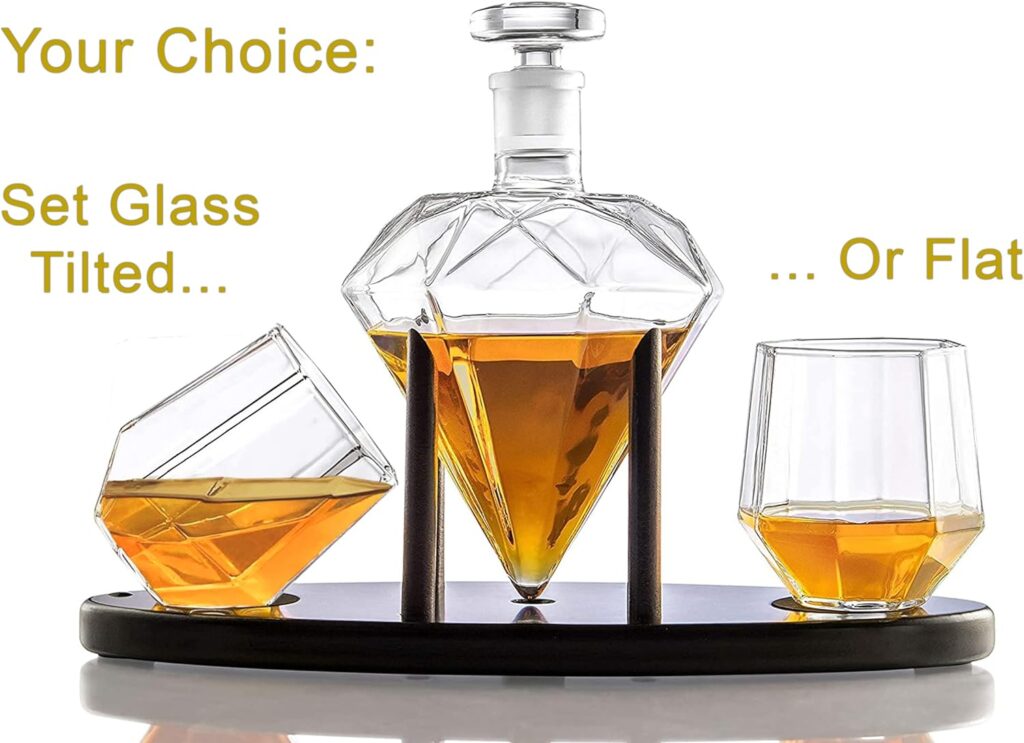 Whiskey Decanter Diamond shaped With 2 Diamond Glasses  Mahogany Wooden Holder – Elegant Handcrafted Crafted Glass Decanter For Liquor, Scotch, Rum, Bourbon, Vodka, Tequila – Great Gift Idea – 750ml