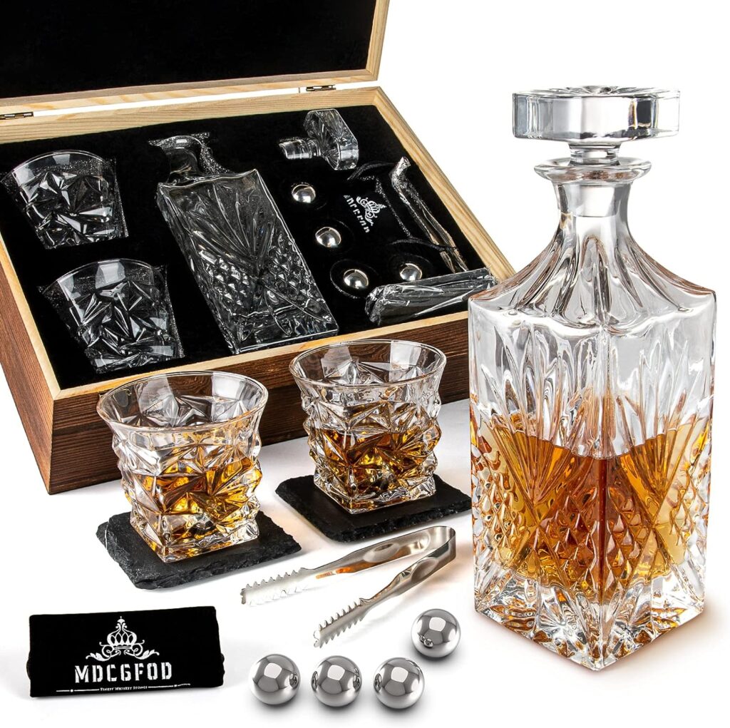 Whiskey Decanter Gift Set for Men with Whiskey Decanter, 2 Twisted Whiskey Glasses,4 Stainless Steel Chilling Whiskey Balls, 2 Slate Coasters Gifts for Men Dad