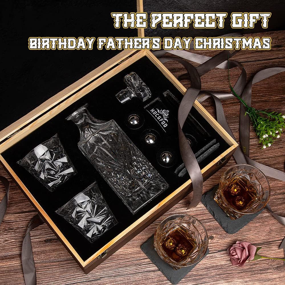 Whiskey Decanter Gift Set for Men with Whiskey Decanter, 2 Twisted Whiskey Glasses,4 Stainless Steel Chilling Whiskey Balls, 2 Slate Coasters Gifts for Men Dad