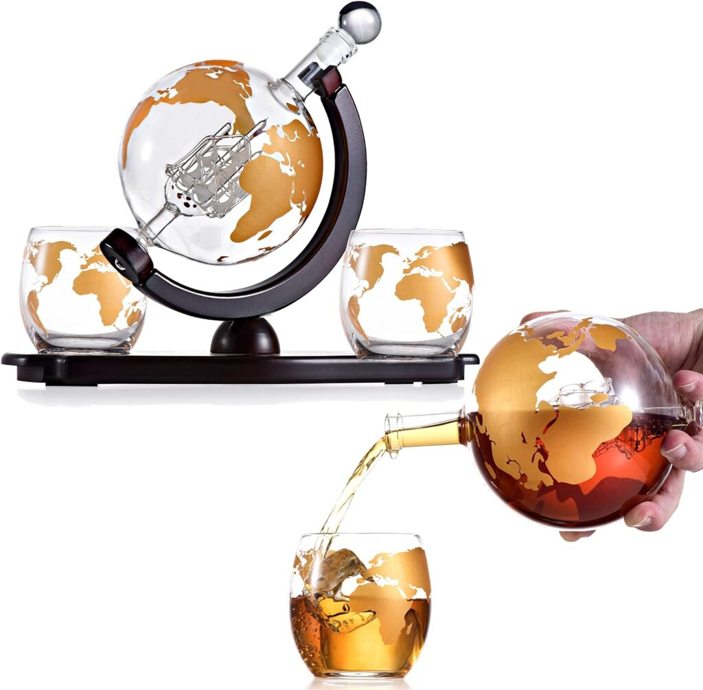 Whiskey Decanter Globe Gift Set - with Two 10 oz Gold Etched Globe Whisky Glasses - on Rich Wood Mahogany Base Tray - Gold Whiskey Dispenser for Liquor, Scotch, Bourbon, Vodka - 850ml - Bzrat