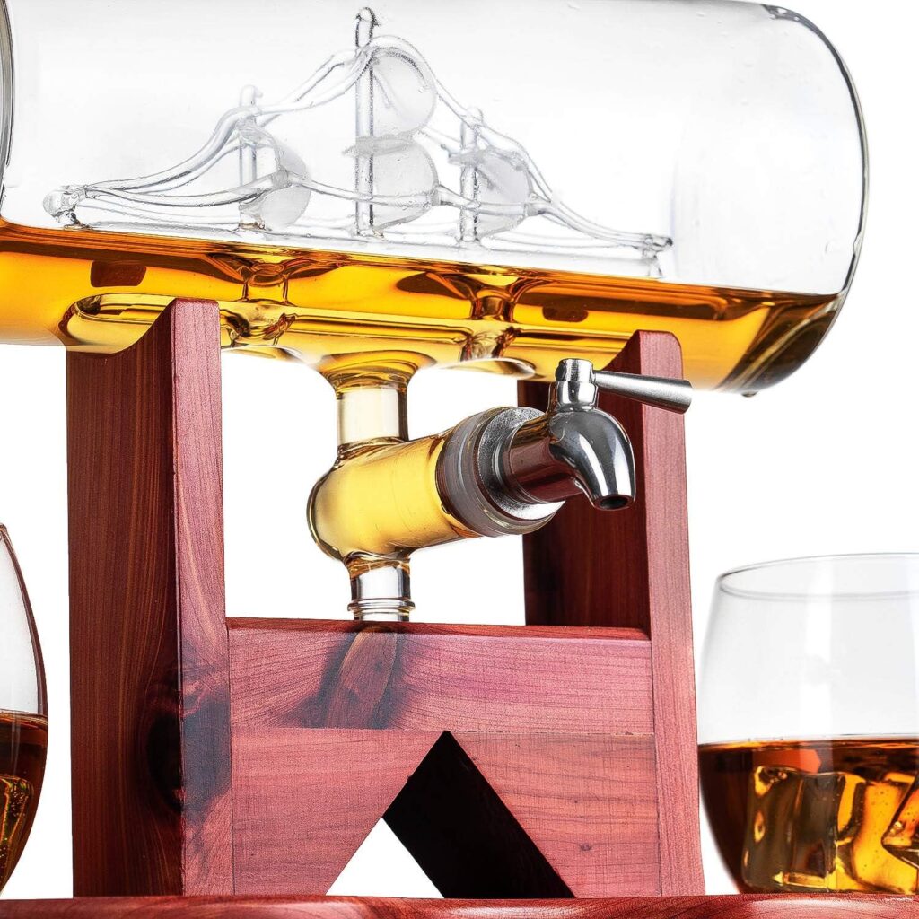 Whiskey Decanter Set, Liquor Dispenser for Home Bar, Crystal Glass - 1250ml Ship  2 Whiskey Glasses Beautiful Stand Fathers Day, Gift for Dad, Husband or Boyfriend - The Wine Savant 100% Lead-Free