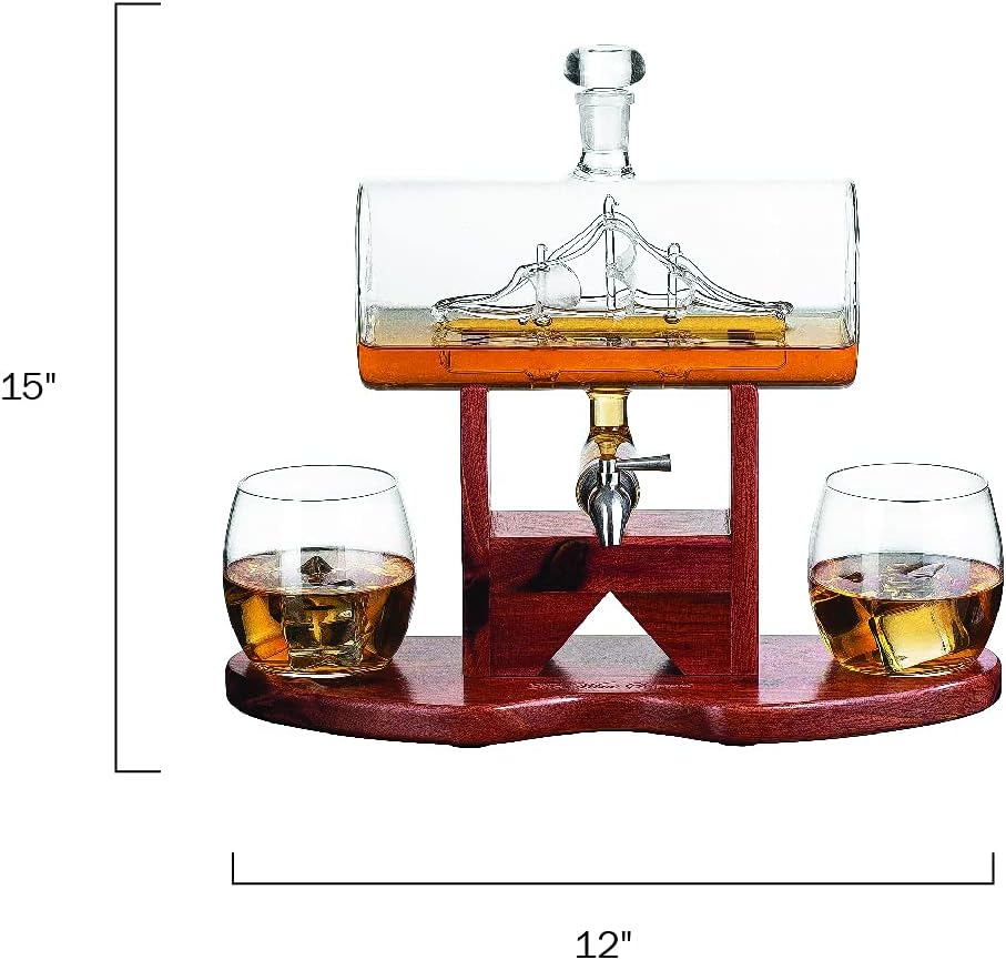 Whiskey Decanter Set, Liquor Dispenser for Home Bar, Crystal Glass - 1250ml Ship  2 Whiskey Glasses Beautiful Stand Fathers Day, Gift for Dad, Husband or Boyfriend - The Wine Savant 100% Lead-Free