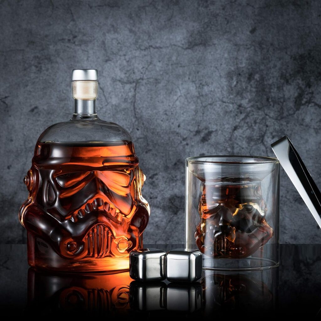 Whiskey Decanter Set Transparent Creative with 2 Glasses,Gifts for Men,Whiskey Flask Carafe Decanter with 4 Whiskey Stones  Tong,Whiskey Carafe for Brandy,Scotch,Vodka,Gifts for Dad,Husband,Boyfriend