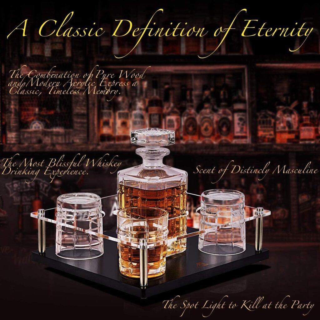 Whiskey Decanter Set With Glasses, Whiskey Glasses Set of 4 with Wooden Base,Crystal Wine Decanter for Men 750ML