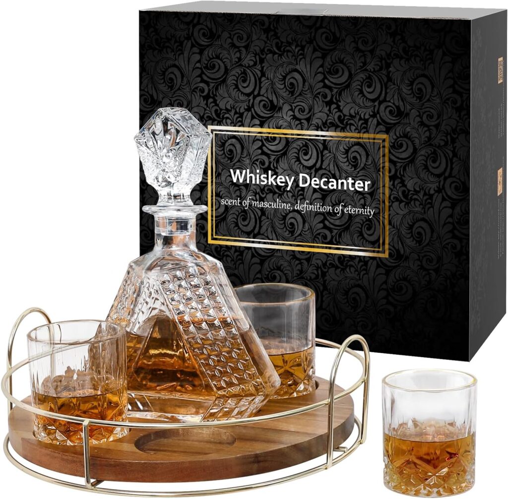 Whiskey Decanter Set with Rotating Wooden Tray, Whiskey Glasses Set of 4 and Decanter with Stopper, Whiskey Decanter Gift for Him Men Father Brother, Gift Packaging