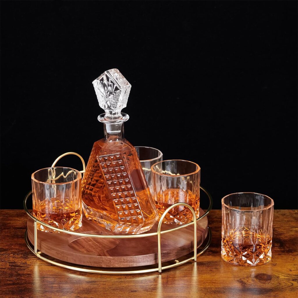 Whiskey Decanter Set with Rotating Wooden Tray, Whiskey Glasses Set of 4 and Decanter with Stopper, Whiskey Decanter Gift for Him Men Father Brother, Gift Packaging
