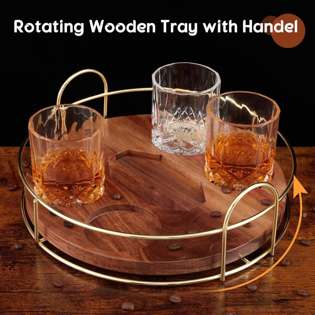 Whiskey Decanter Set with Rotating Wooden Tray, Whiskey Glasses Set of 4 and Decanter with Stopper, Whiskey Decanter Gift for Him Men Father Brother, Gift Packaging