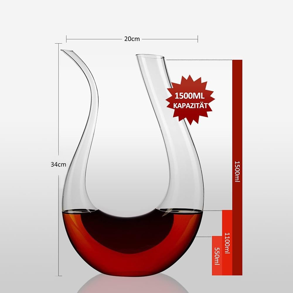 Wine Decanter, RUISANKY Glass Decanter, 100% Hand Blown Lead-free Crystal Glass Red Wine Carafe U Shape Wine Aerator 1500ml Glass Decanters