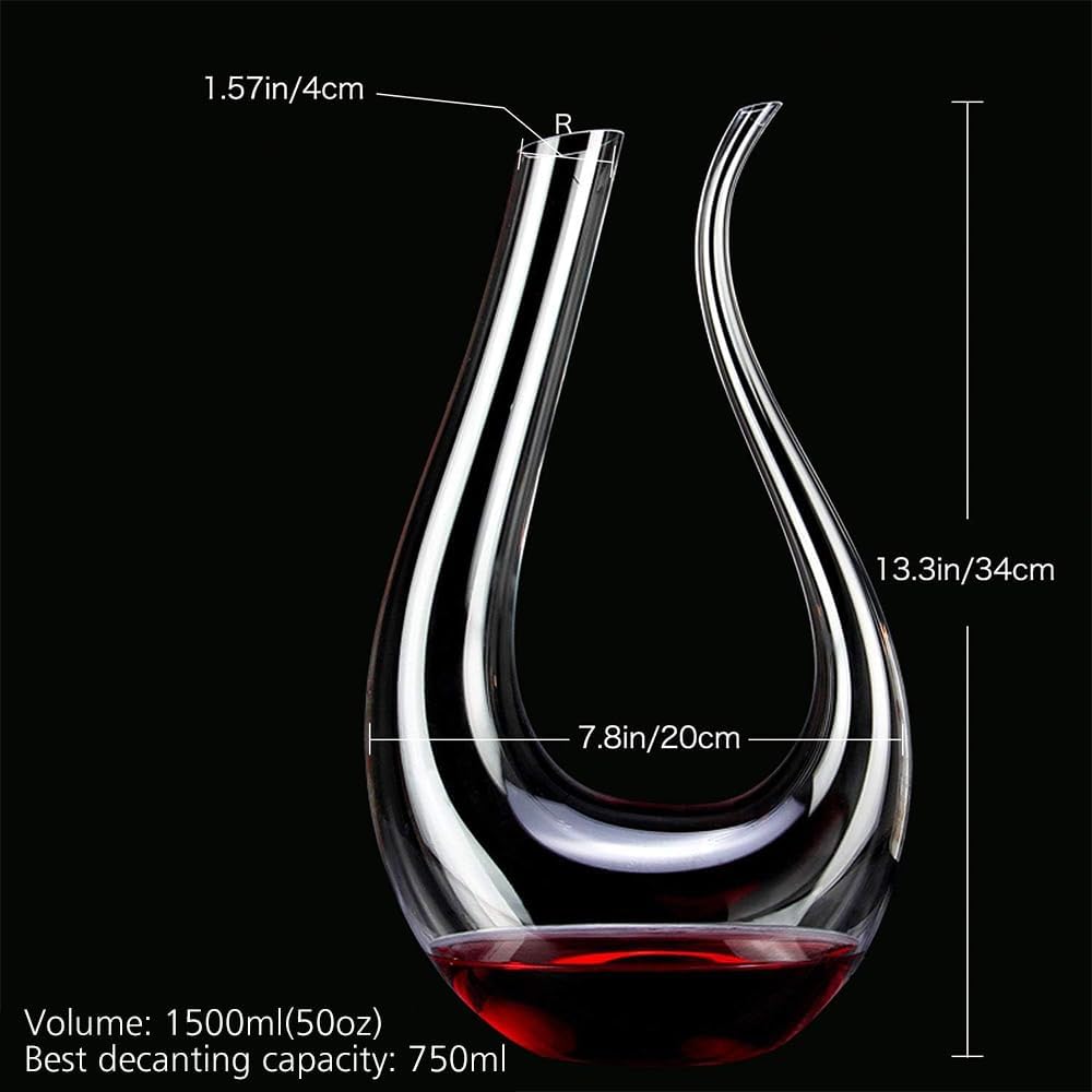 Wine Decanter, RUISANKY Glass Decanter, 100% Hand Blown Lead-free Crystal Glass Red Wine Carafe U Shape Wine Aerator 1500ml Glass Decanters