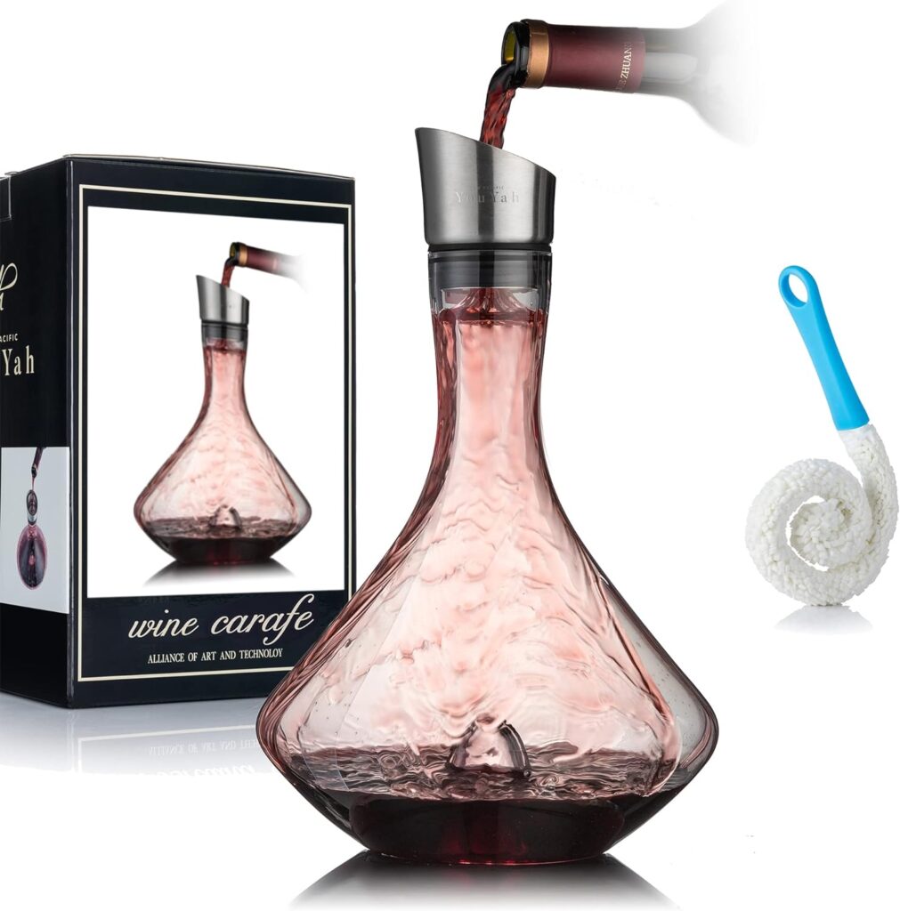 YouYah Wine Decanter Set,Red Wine Carafe with Built-in-Aerator,Wine Aerator,Wine Gifts for Christmas,Stainless Steel Pourer Lid,Filter,100% Hand Blown Lead-free Crystal Glass