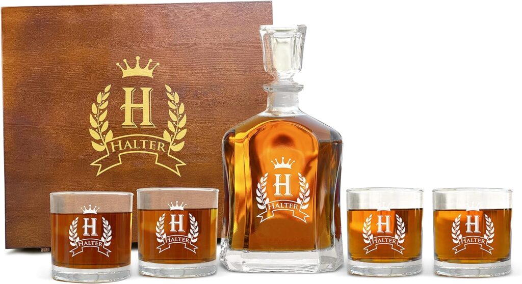 Customized Whiskey Decanter Set - Monogrammed Decanter- Decanter and 4 Glasses Decanter Set - Custom Engraved Monogrammed with Shield Crown Design - 9 Designs Option  Set Options