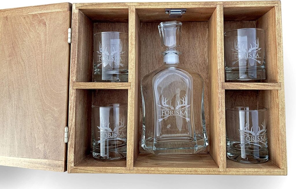 Customized Whiskey Decanter Set - Monogrammed Decanter- Decanter and 4 Glasses Decanter Set - Custom Engraved Monogrammed with Shield Crown Design - 9 Designs Option  Set Options