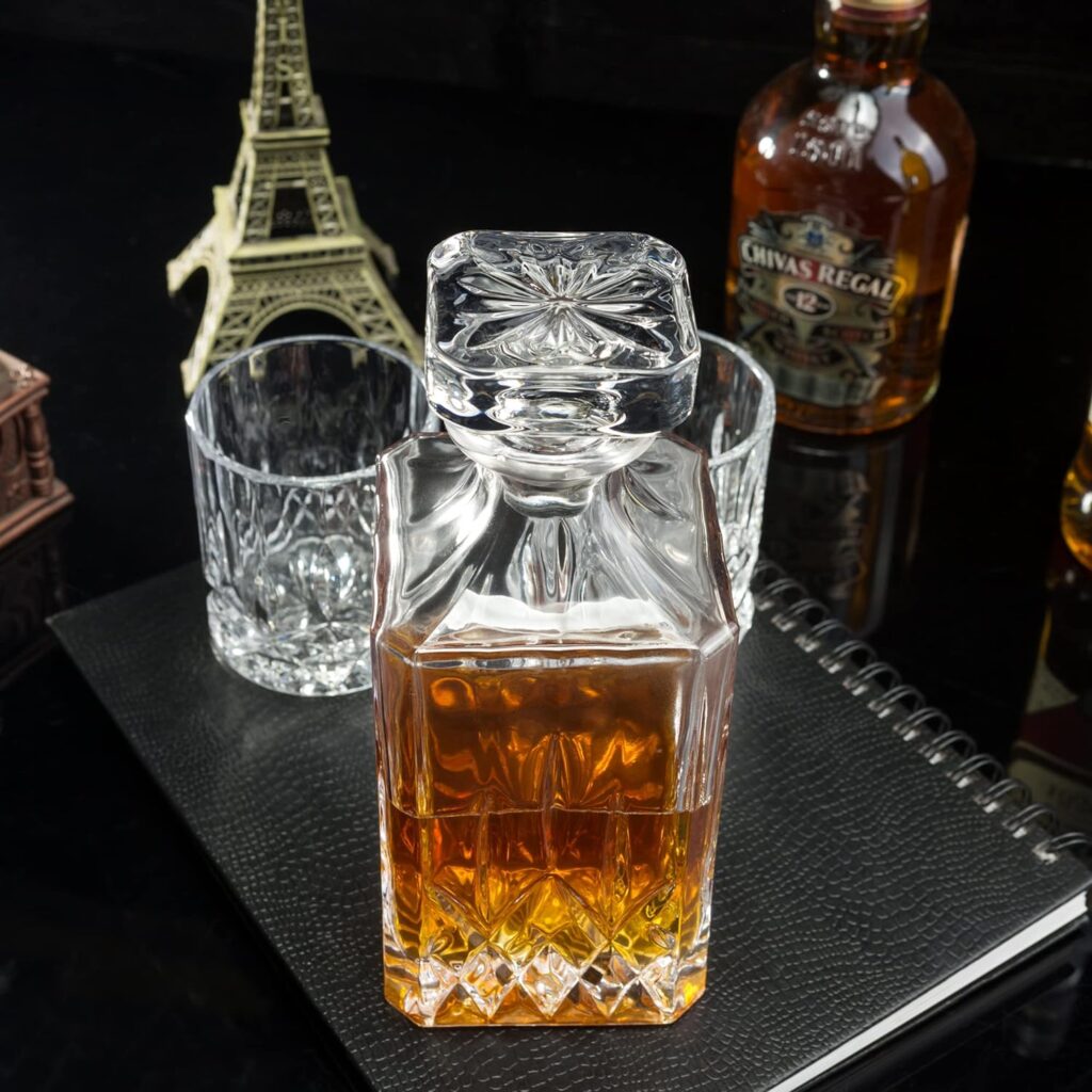 KANARS Whiskey Decanter And Glasses Set in Unique Gift Box - Original Crystal Liquor Decanter Set For Bourbon, Scotch, Vodka, Rum or Whisky, 5-Piece, Christmas Gifts for Men Dad