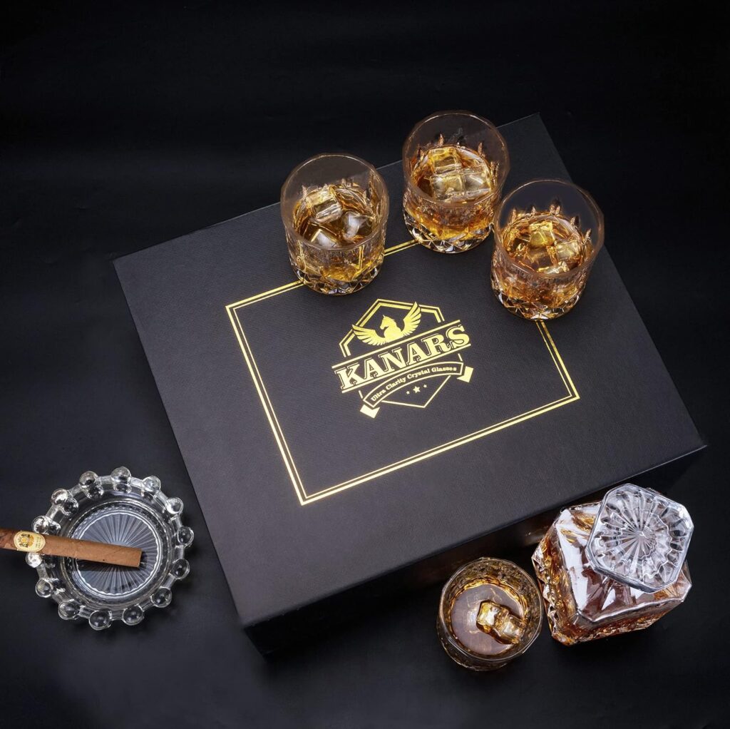 KANARS Whiskey Decanter And Glasses Set in Unique Gift Box - Original Crystal Liquor Decanter Set For Bourbon, Scotch, Vodka, Rum or Whisky, 5-Piece, Christmas Gifts for Men Dad