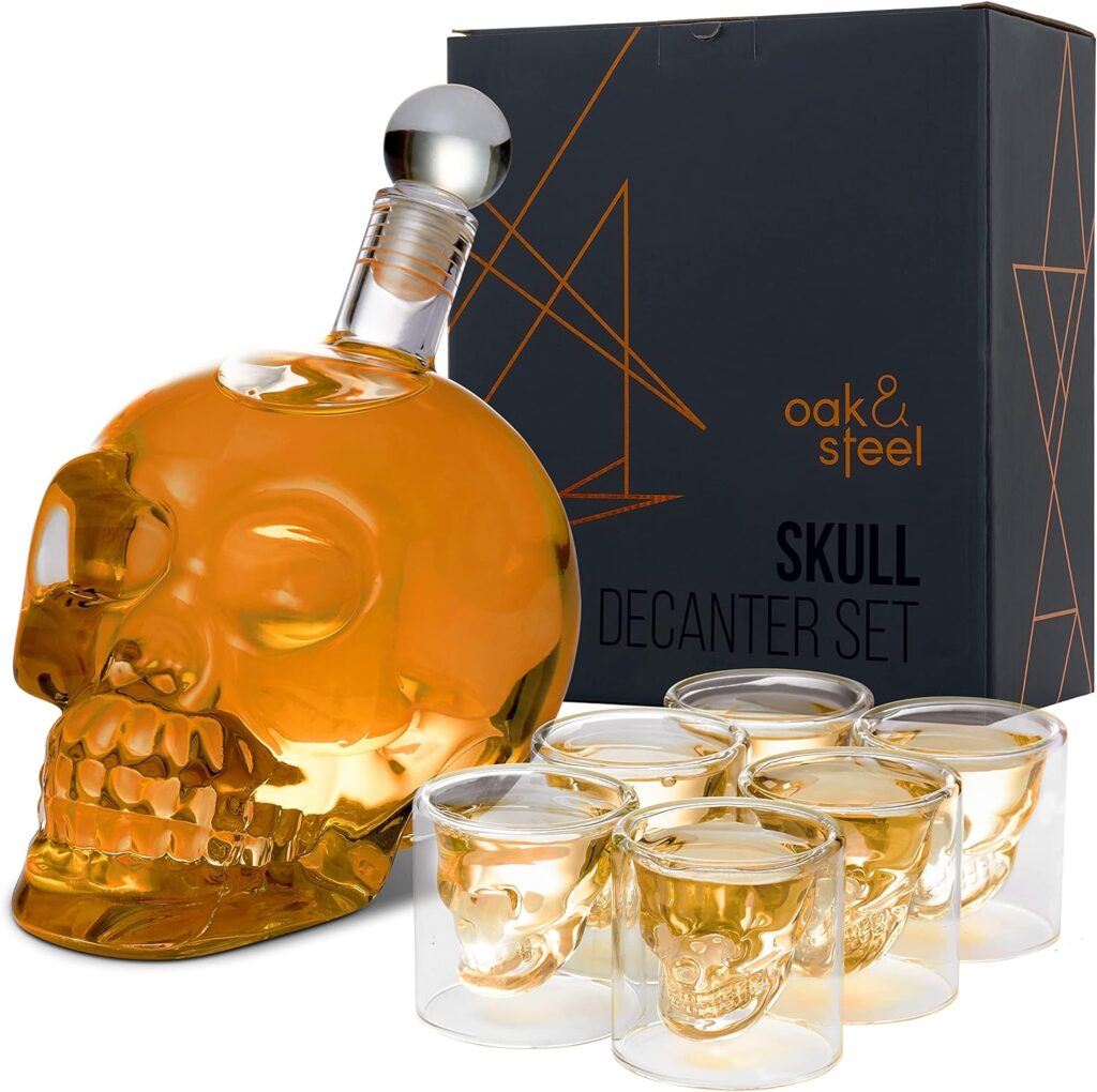 Oak  Steel 25oz/ 700ml Skull Decanter Set with Glasses (6 Unique Skull Glasses) - Skull Bottle Decanters for Alcohol, Whiskey Decanter Sets for Men, Tequila Decanter, Vodka Decanter with Giftbox