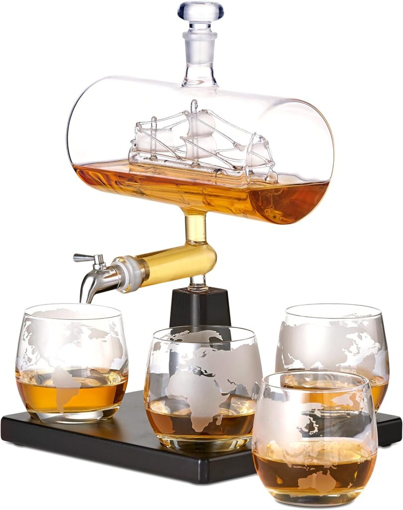 Oak  Steel 25oz/ 700ml Skull Decanter Set with Glasses (6 Unique Skull Glasses) - Skull Bottle Decanters for Alcohol, Whiskey Decanter Sets for Men, Tequila Decanter, Vodka Decanter with Giftbox