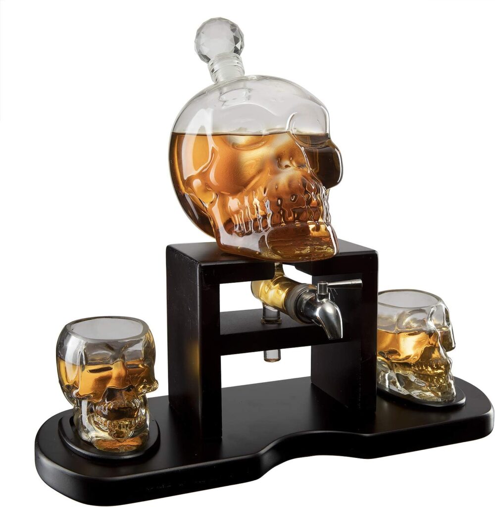 Skull Skeleton Wine  Whiskey Decanter Set 750 mL With 2 Skull 3oz Skeletons Shot Glasses + Mahogany Wooden Base  Pouring Spigot Decor Glass, Goth Spooky Drinking Glassware The Wine Savant