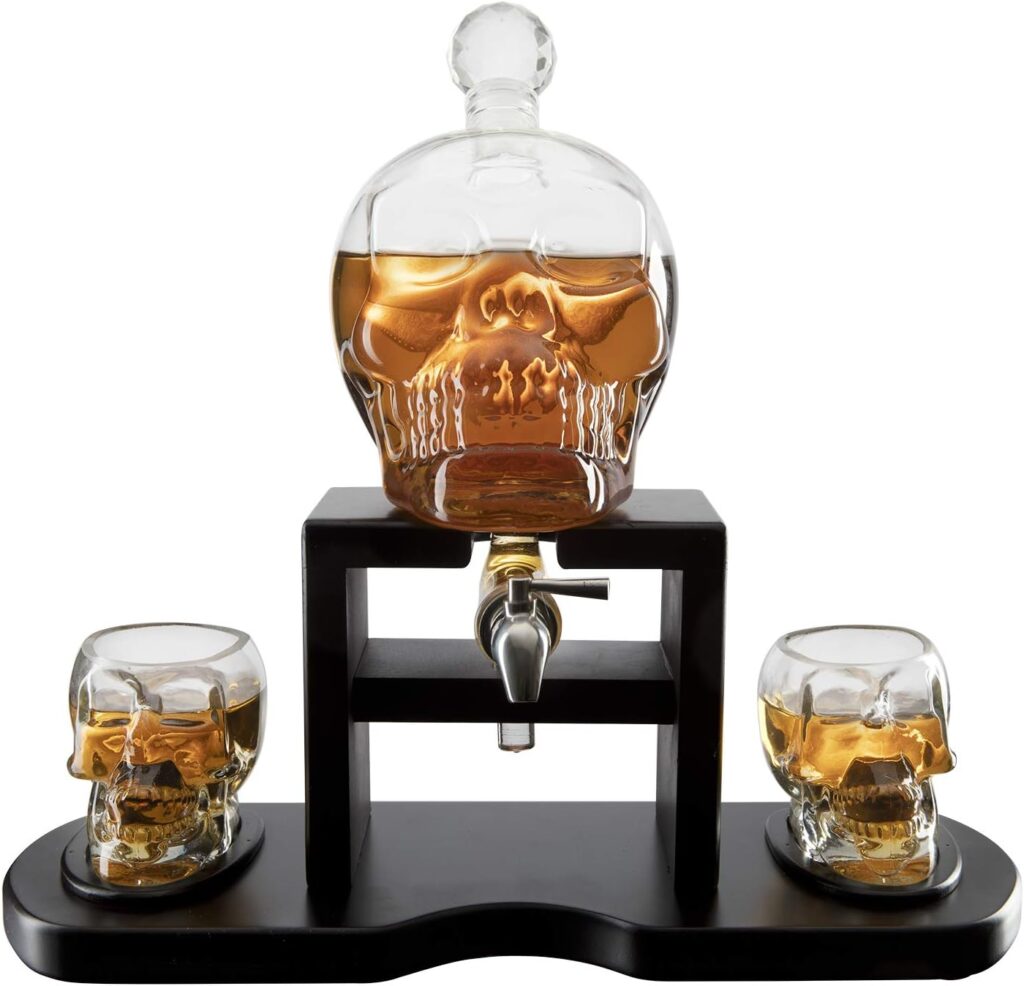 Skull Skeleton Wine  Whiskey Decanter Set 750 mL With 2 Skull 3oz Skeletons Shot Glasses + Mahogany Wooden Base  Pouring Spigot Decor Glass, Goth Spooky Drinking Glassware The Wine Savant