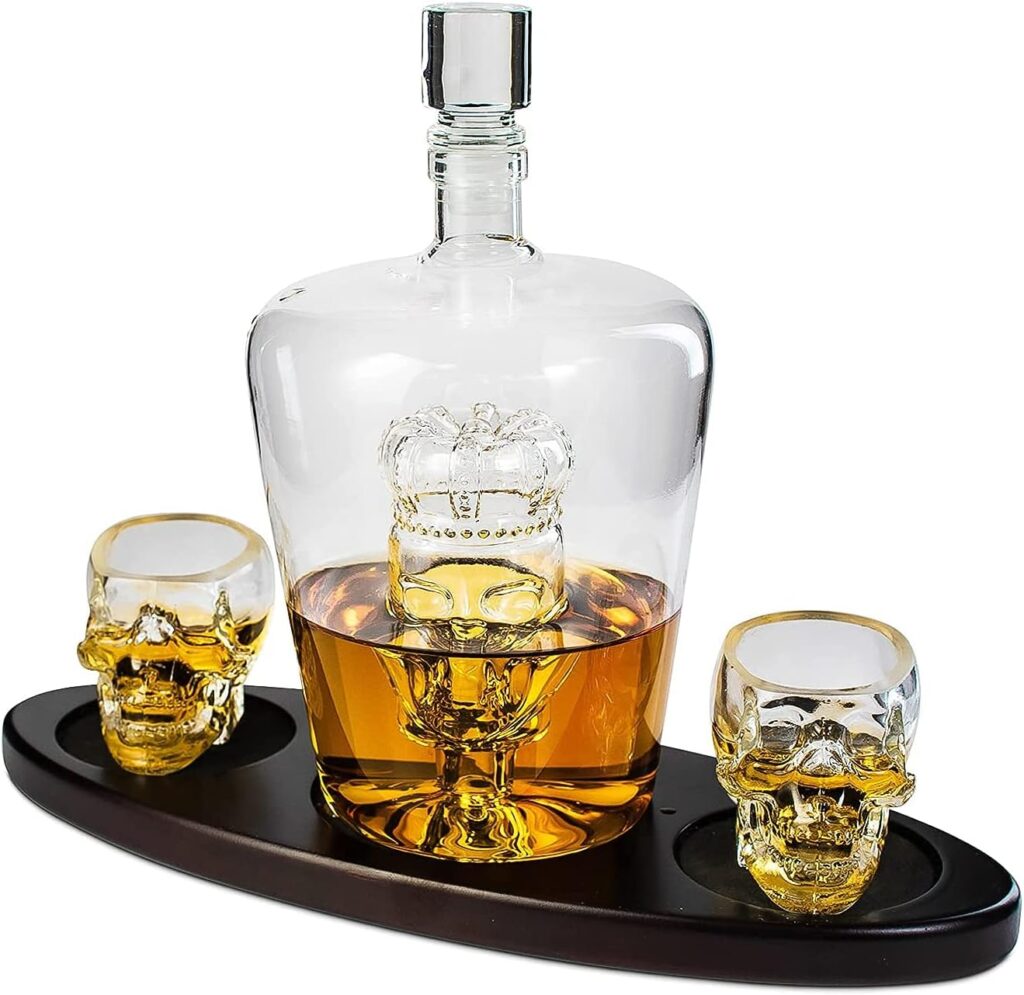 Skull Skeleton Wine  Whiskey Decanter Set 750 mL With 2 Skull 3oz Skeletons Shot Glasses + Mahogany Wooden Base  Pouring Spigot Decor Glass, Goth Spooky Drinking Glassware The Wine Savant