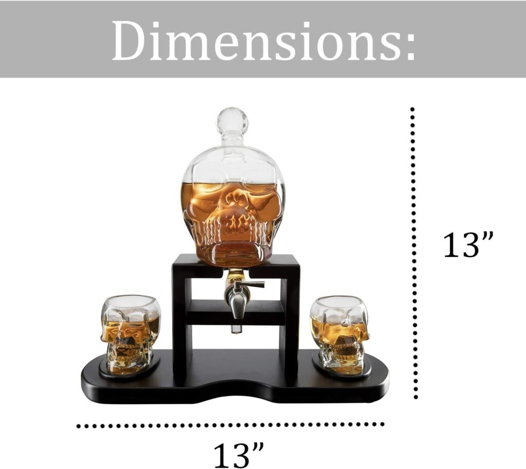 Skull Skeleton Wine  Whiskey Decanter Set 750 mL With 2 Skull 3oz Skeletons Shot Glasses + Mahogany Wooden Base  Pouring Spigot Decor Glass, Goth Spooky Drinking Glassware The Wine Savant