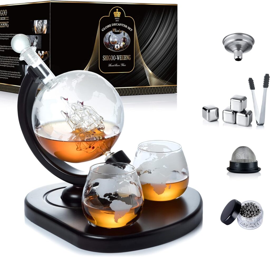 WEEBNG Whiskey Decanter Set,Globe Wine Decanter Set with 2 Glasses,Cleaning Beads,4 Stainless Steel Ice Cubes and Ice Tong,Beverage Drink Liquor Dispenser - Gift Set for Liquor, Scotch,Bourb