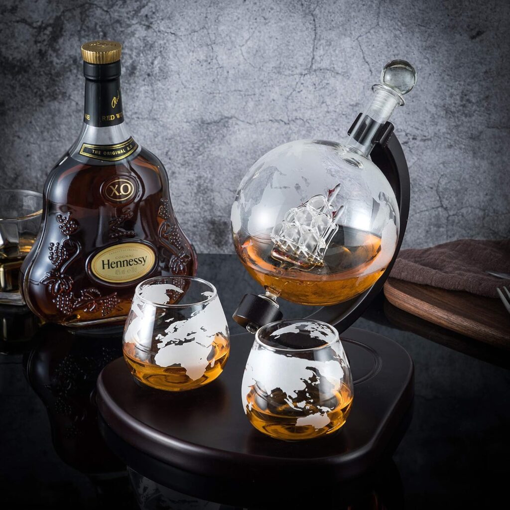 WEEBNG Whiskey Decanter Set,Globe Wine Decanter Set with 2 Glasses,Cleaning Beads,4 Stainless Steel Ice Cubes and Ice Tong,Beverage Drink Liquor Dispenser - Gift Set for Liquor, Scotch,Bourb