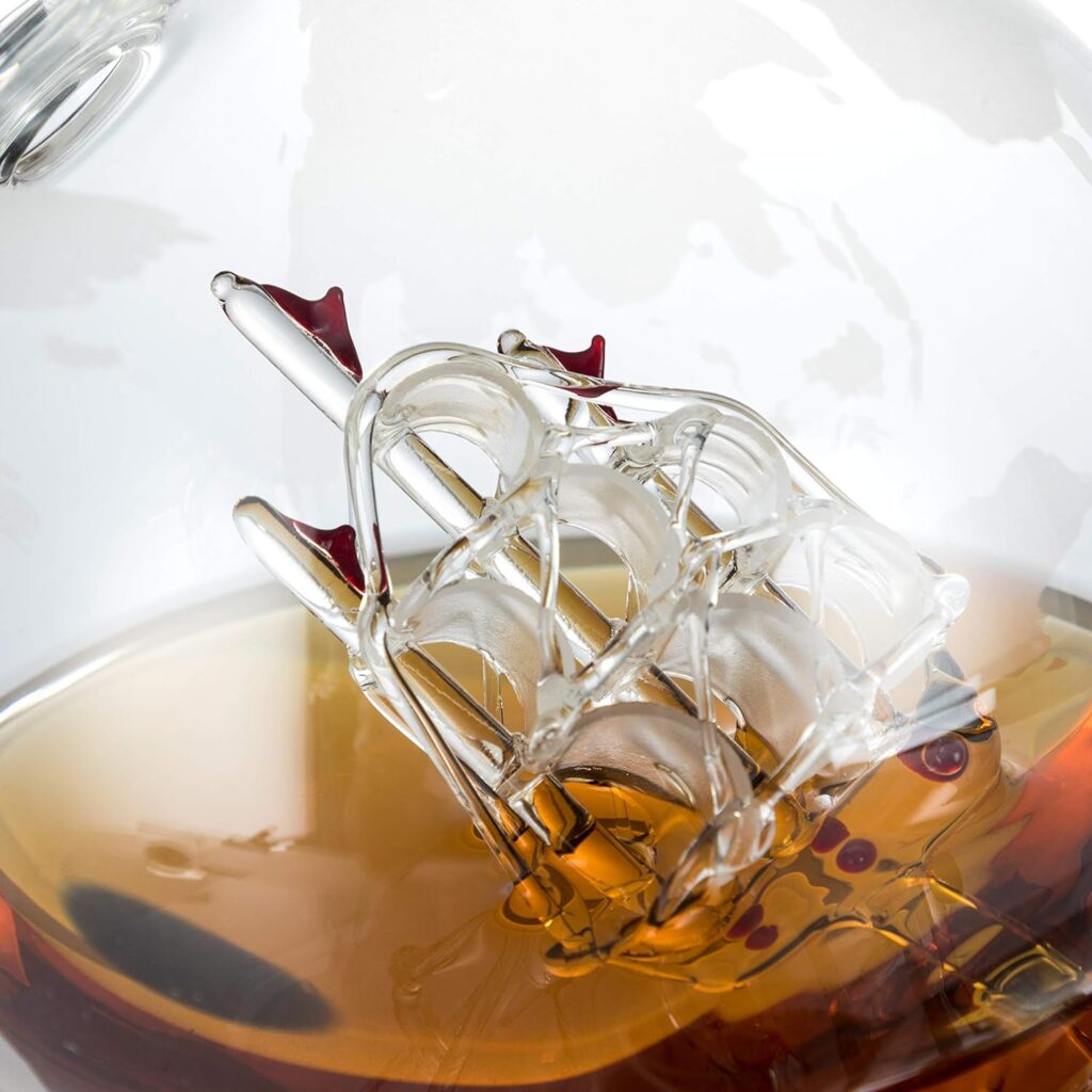 WEEBNG Whiskey Decanter Set,Globe Wine Decanter Set with 2 Glasses,Cleaning Beads,4 Stainless Steel Ice Cubes and Ice Tong,Beverage Drink Liquor Dispenser - Gift Set for Liquor, Scotch,Bourb